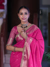 Banarasee Handloom Semi Silk Saree With Buti Design Zari Border & Lace-Fuchsia Pink