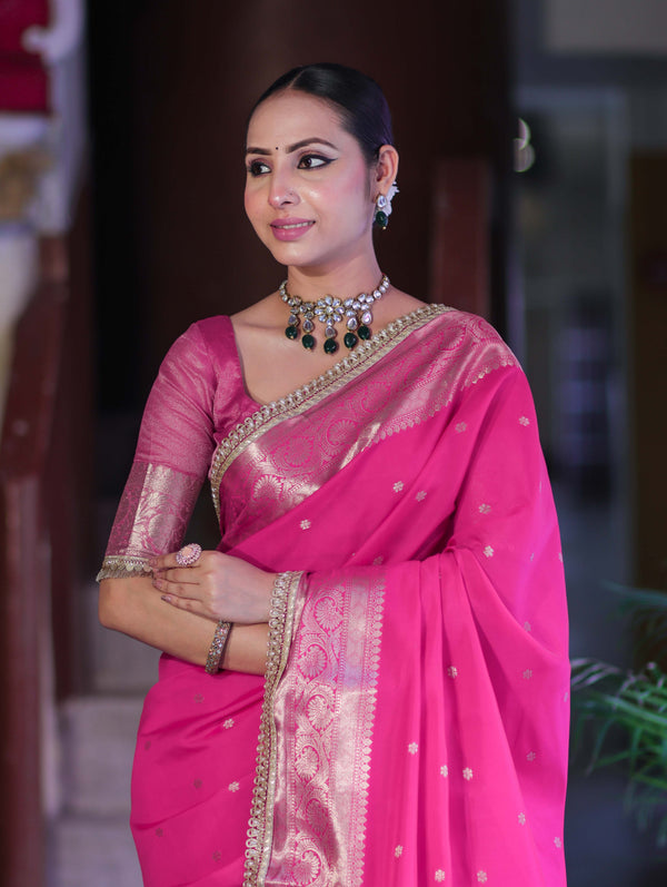 Banarasee Handloom Semi Silk Saree With Buti Design Zari Border & Lace-Fuchsia Pink