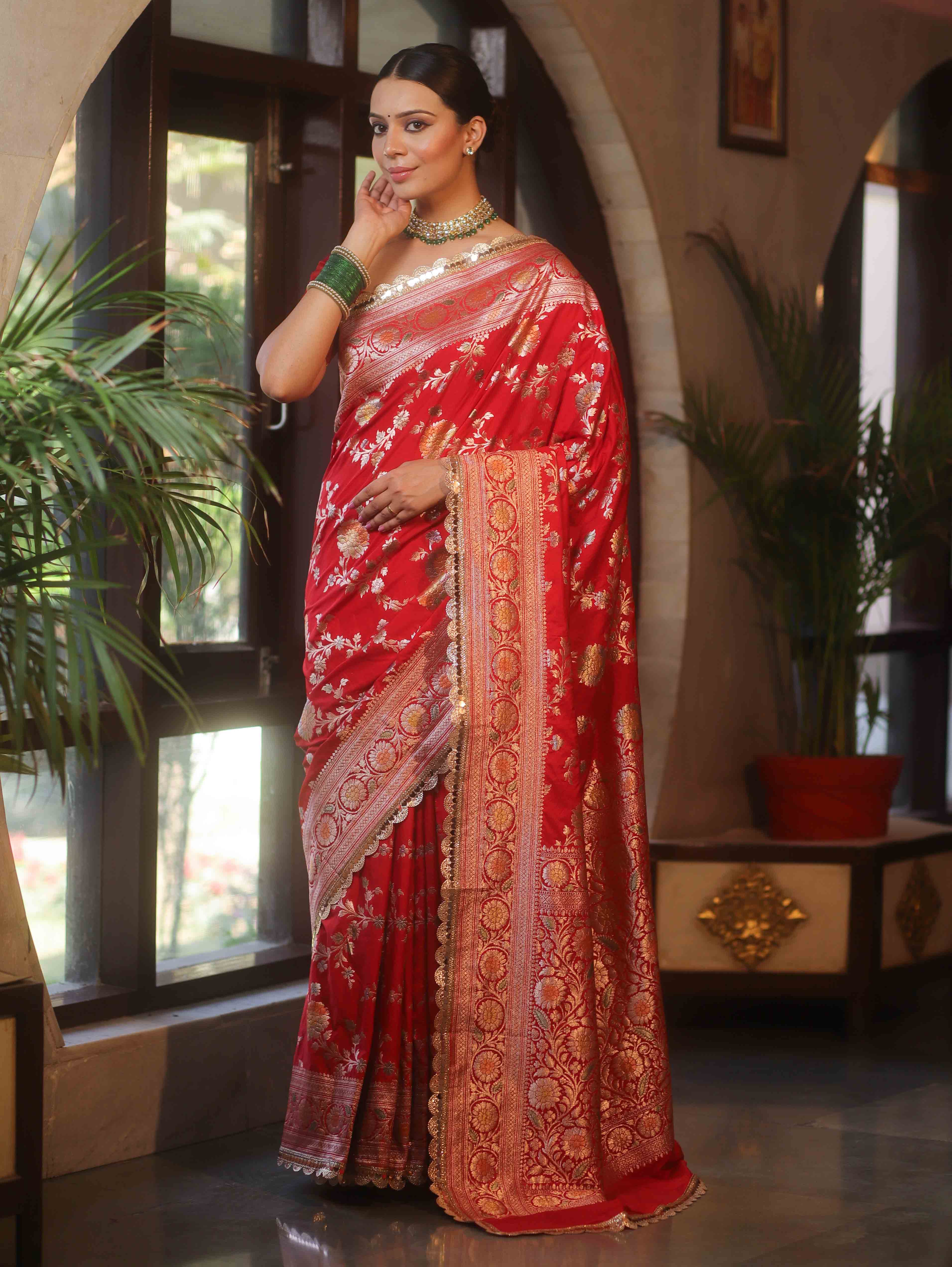 Banarasee Handwoven Semi Katan Saree With Hand Paint Zari Jaal Design & Lace-Red