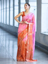 Banarasee Handloom Dual Color Dupion Silk Saree With Zari Floral Buta Design & Border-Rust & Pink