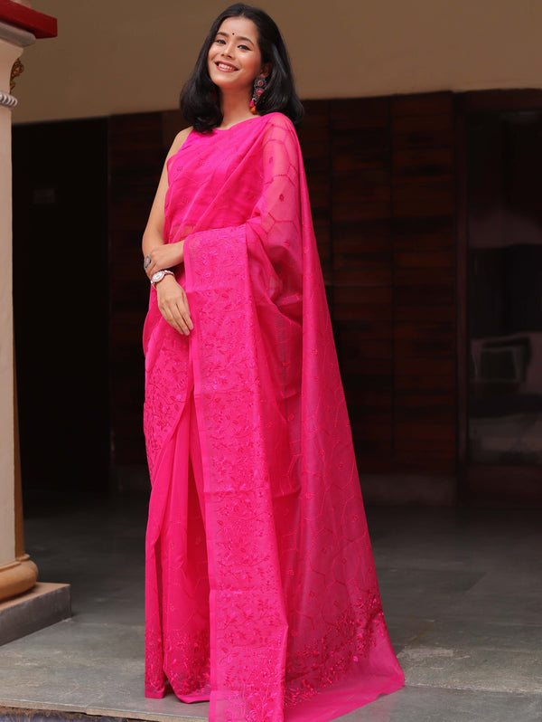 Banarasee Handwoven Super Net Embroidered Saree-Pink