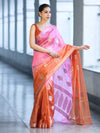 Banarasee Handloom Dual Color Dupion Silk Saree With Zari Floral Buta Design & Border-Rust & Pink