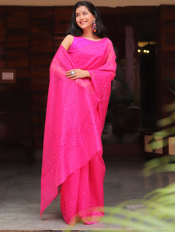 Banarasee Handwoven Super Net Embroidered Saree-Pink