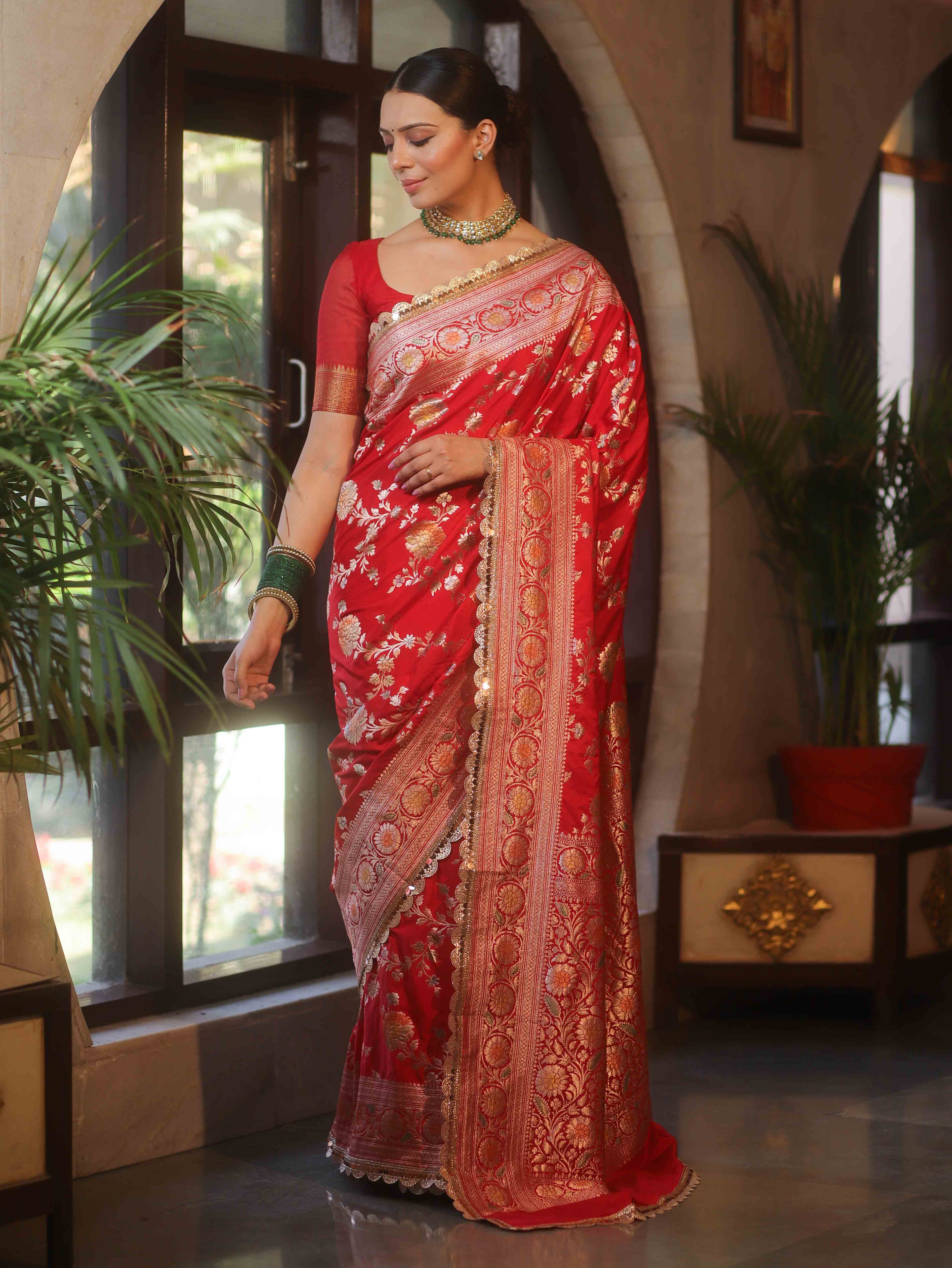 Banarasee Handwoven Semi Katan Saree With Hand Paint Zari Jaal Design & Lace-Red