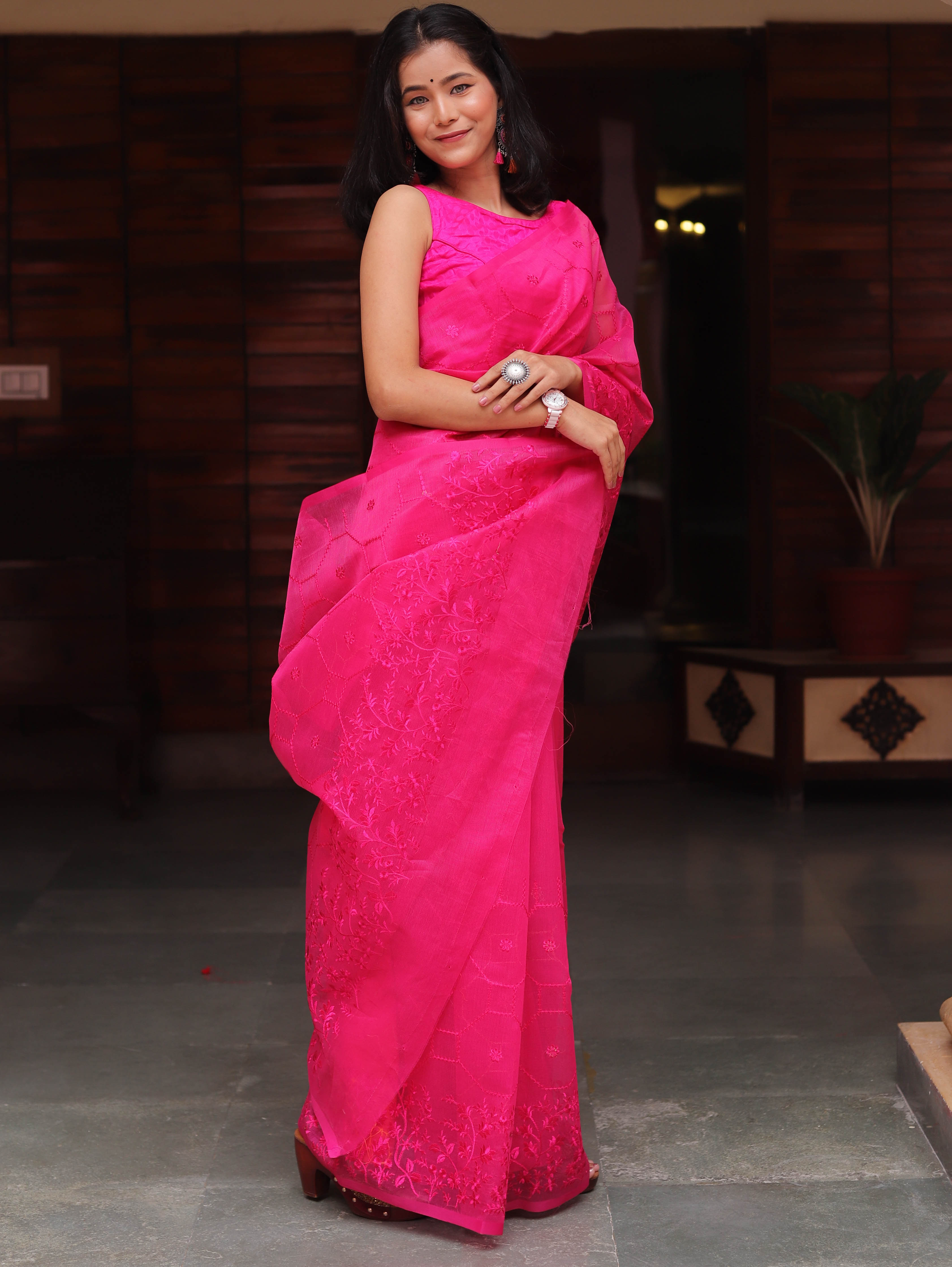 Banarasee Handwoven Super Net Embroidered Saree-Pink