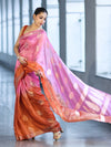 Banarasee Handloom Dual Color Dupion Silk Saree With Zari Floral Buta Design & Border-Rust & Pink
