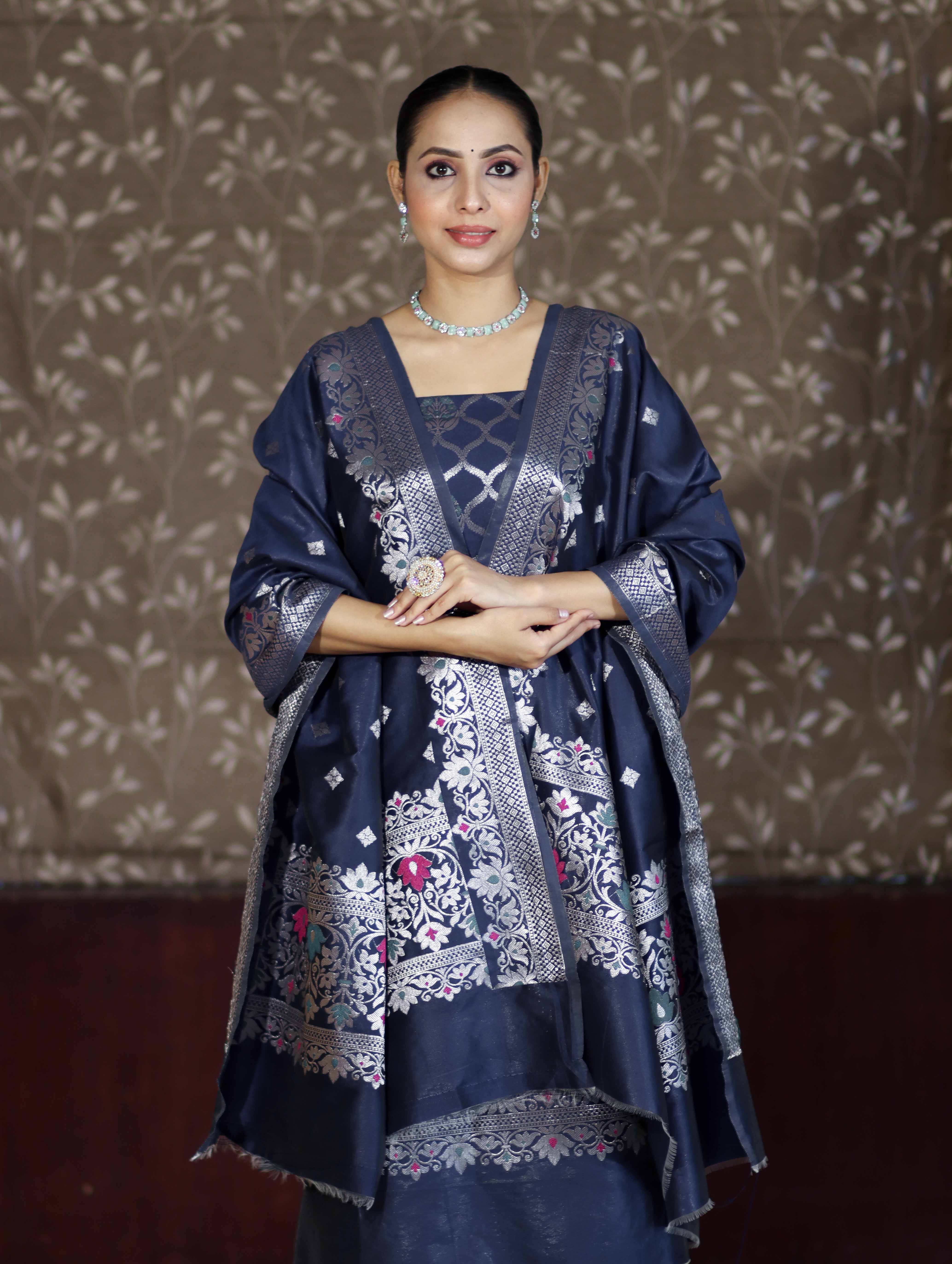 Banarasee Semi-Silk Silver Zari Work Salwar Kameez Fabric With Dupatta Set-Navy Blue
