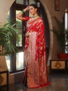 Banarasee Handwoven Semi Katan Saree With Hand Paint Zari Jaal Design & Lace-Red