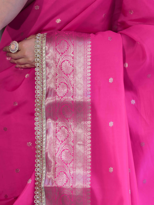 Banarasee Handloom Semi Silk Saree With Buti Design Zari Border & Lace-Fuchsia Pink