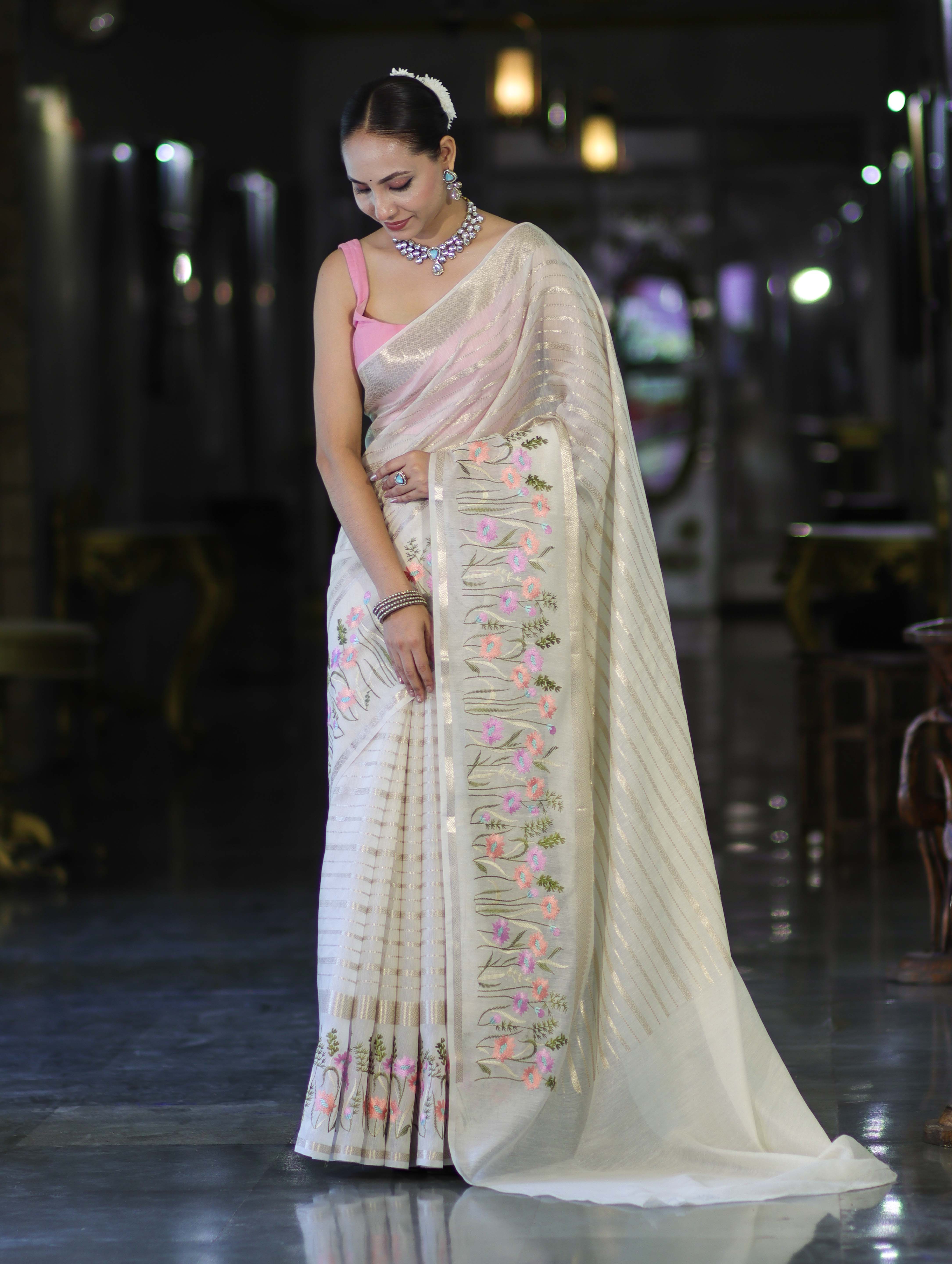 Banarasee Handloom Semi Silk Saree With Zari Stripe Pattern & Thread Floral Border-Off White