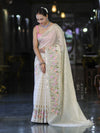 Banarasee Handloom Semi Silk Saree With Zari Stripe Pattern & Thread Floral Border-Off White