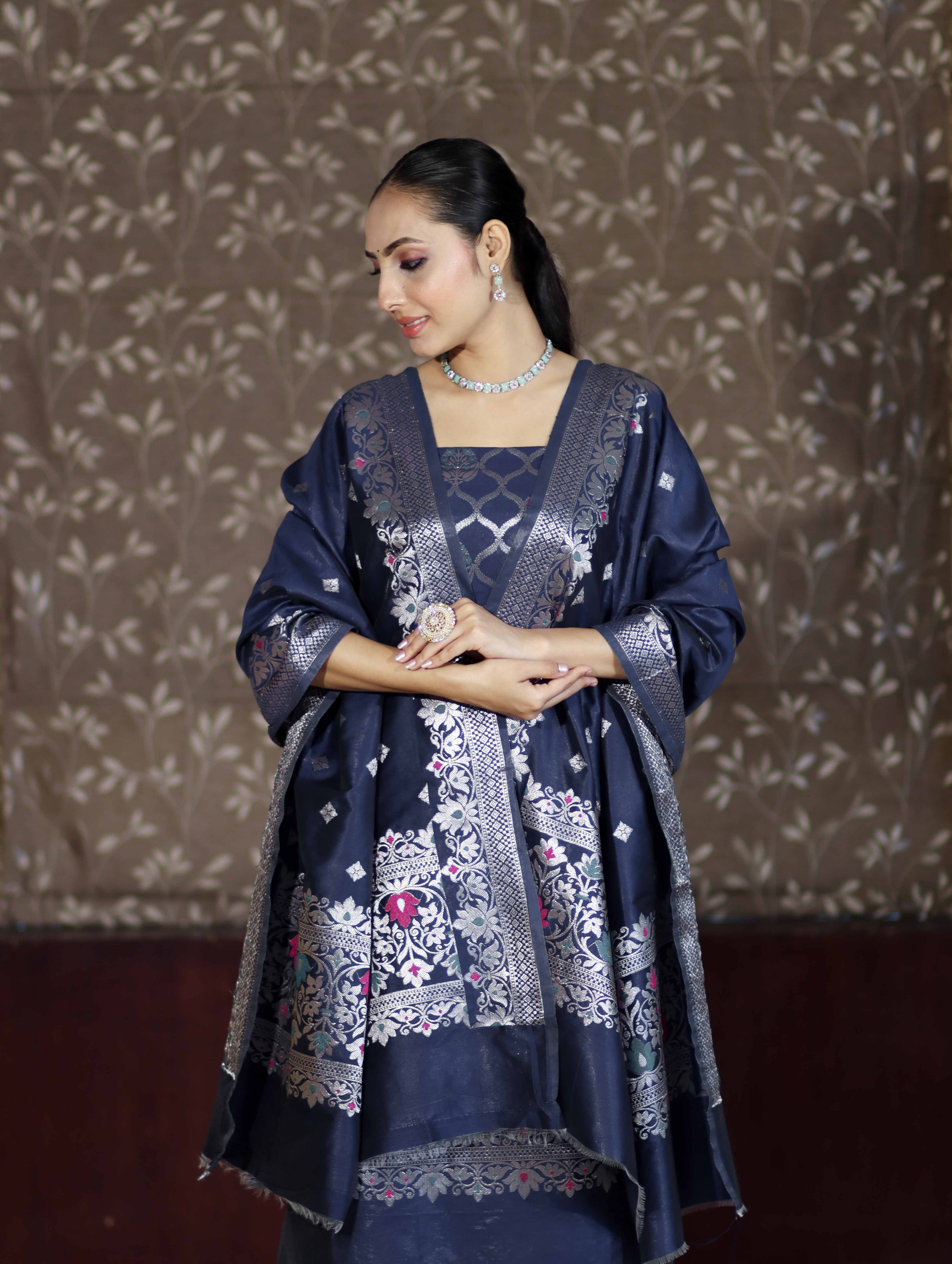 Banarasee Semi-Silk Silver Zari Work Salwar Kameez Fabric With Dupatta Set-Navy Blue