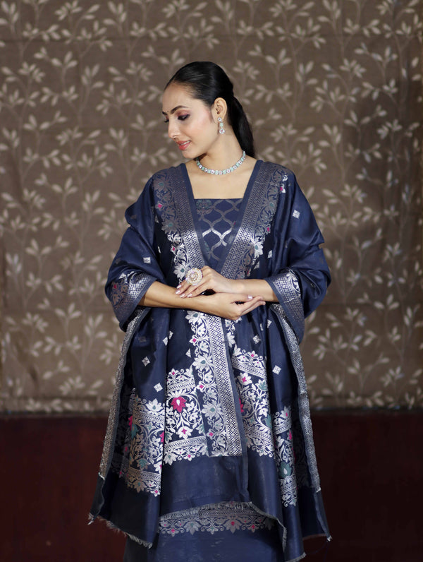 Banarasee Semi-Silk Silver Zari Work Salwar Kameez Fabric With Dupatta Set-Navy Blue
