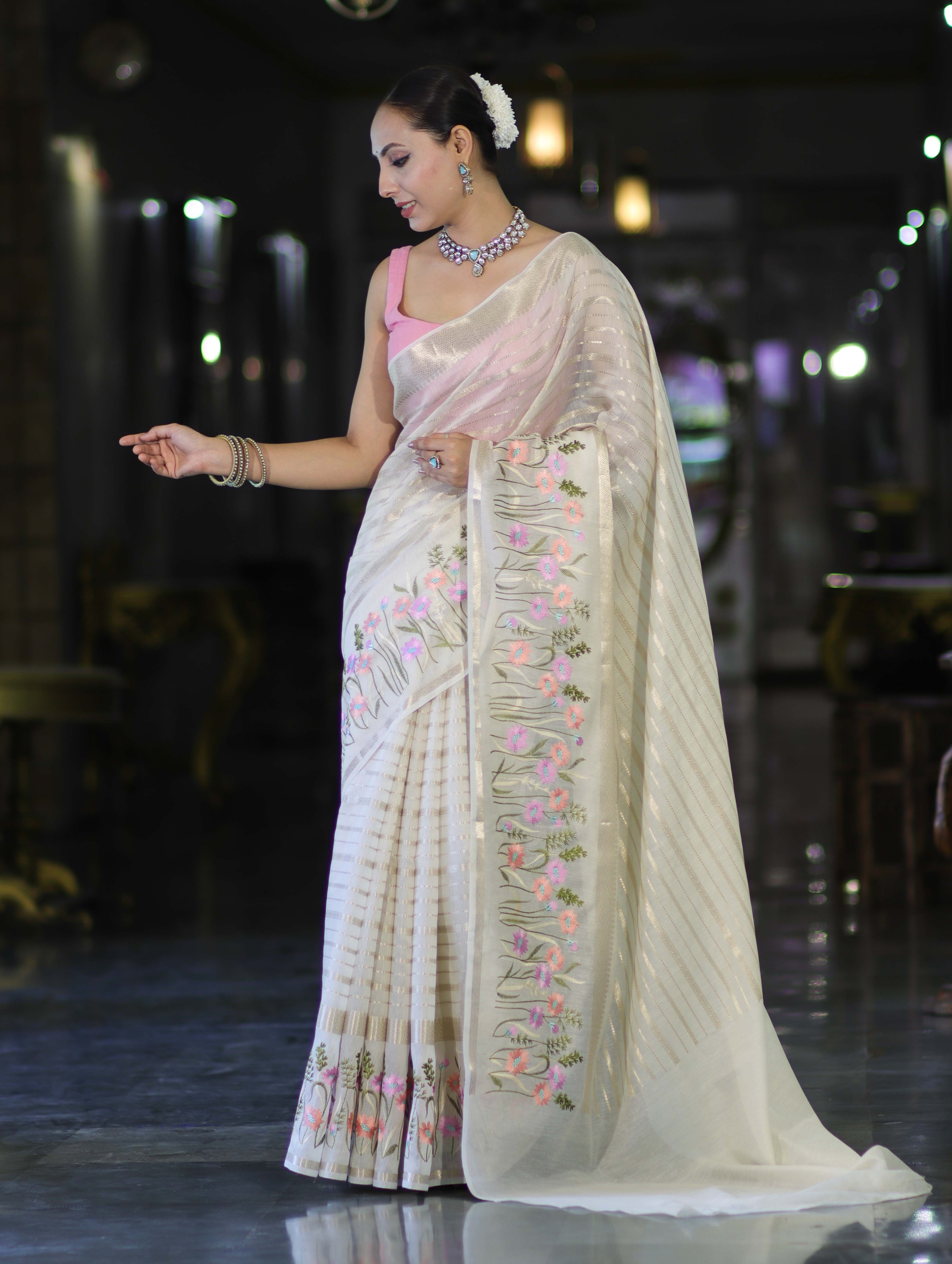 Banarasee Handloom Semi Silk Saree With Zari Stripe Pattern & Thread Floral Border-Off White