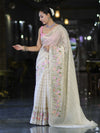 Banarasee Handloom Semi Silk Saree With Zari Stripe Pattern & Thread Floral Border-Off White