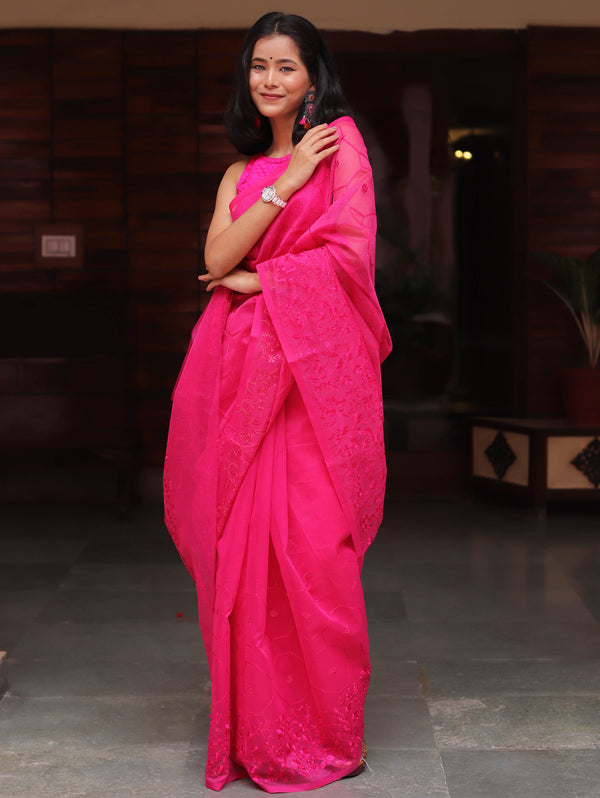 Banarasee Handwoven Super Net Embroidered Saree-Pink