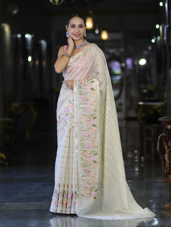 Banarasee Handloom Semi Silk Saree With Zari Stripe Pattern & Thread Floral Border-Off White