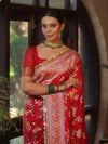 Banarasee Handwoven Semi Katan Saree With Hand Paint Zari Jaal Design & Lace-Red