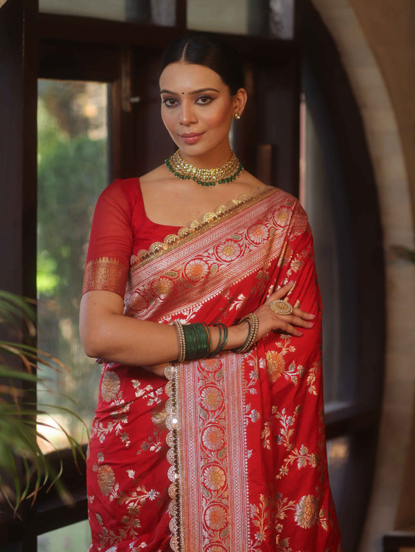 Banarasee Handwoven Semi Katan Saree With Hand Paint Zari Jaal Design & Lace-Red