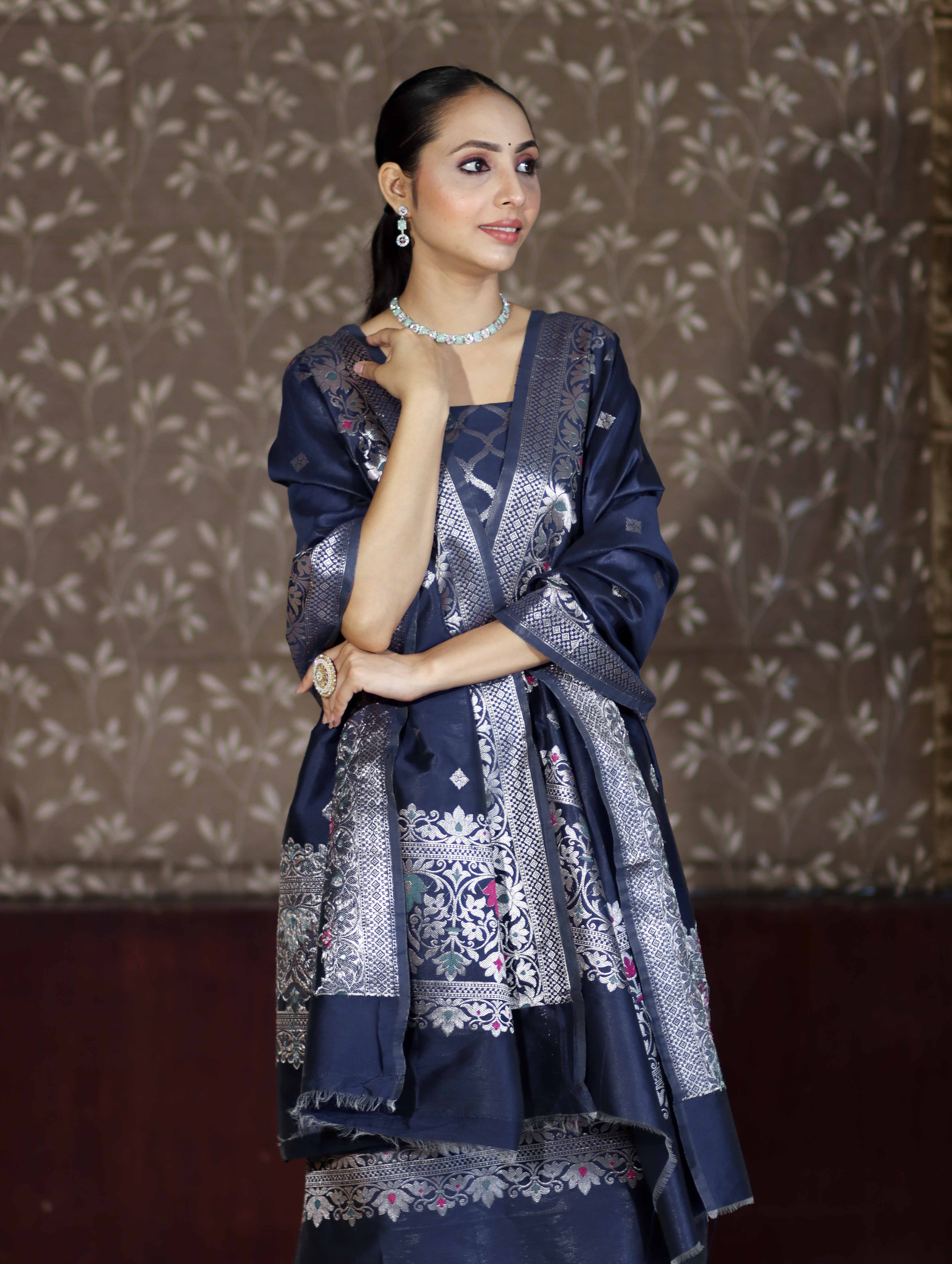 Banarasee Semi-Silk Silver Zari Work Salwar Kameez Fabric With Dupatta Set-Navy Blue