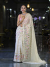 Banarasee Handloom Semi Silk Saree With Zari Stripe Pattern & Thread Floral Border-Off White