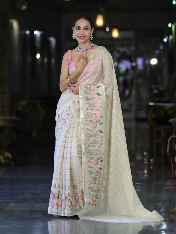 Banarasee Handloom Semi Silk Saree With Zari Stripe Pattern & Thread Floral Border-Off White
