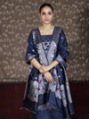 Banarasee Semi-Silk Silver Zari Work Salwar Kameez Fabric With Dupatta Set-Navy Blue
