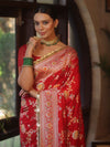 Banarasee Handwoven Semi Katan Saree With Hand Paint Zari Jaal Design & Lace-Red