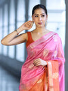 Banarasee Handloom Dual Color Dupion Silk Saree With Zari Floral Buta Design & Border-Rust & Pink