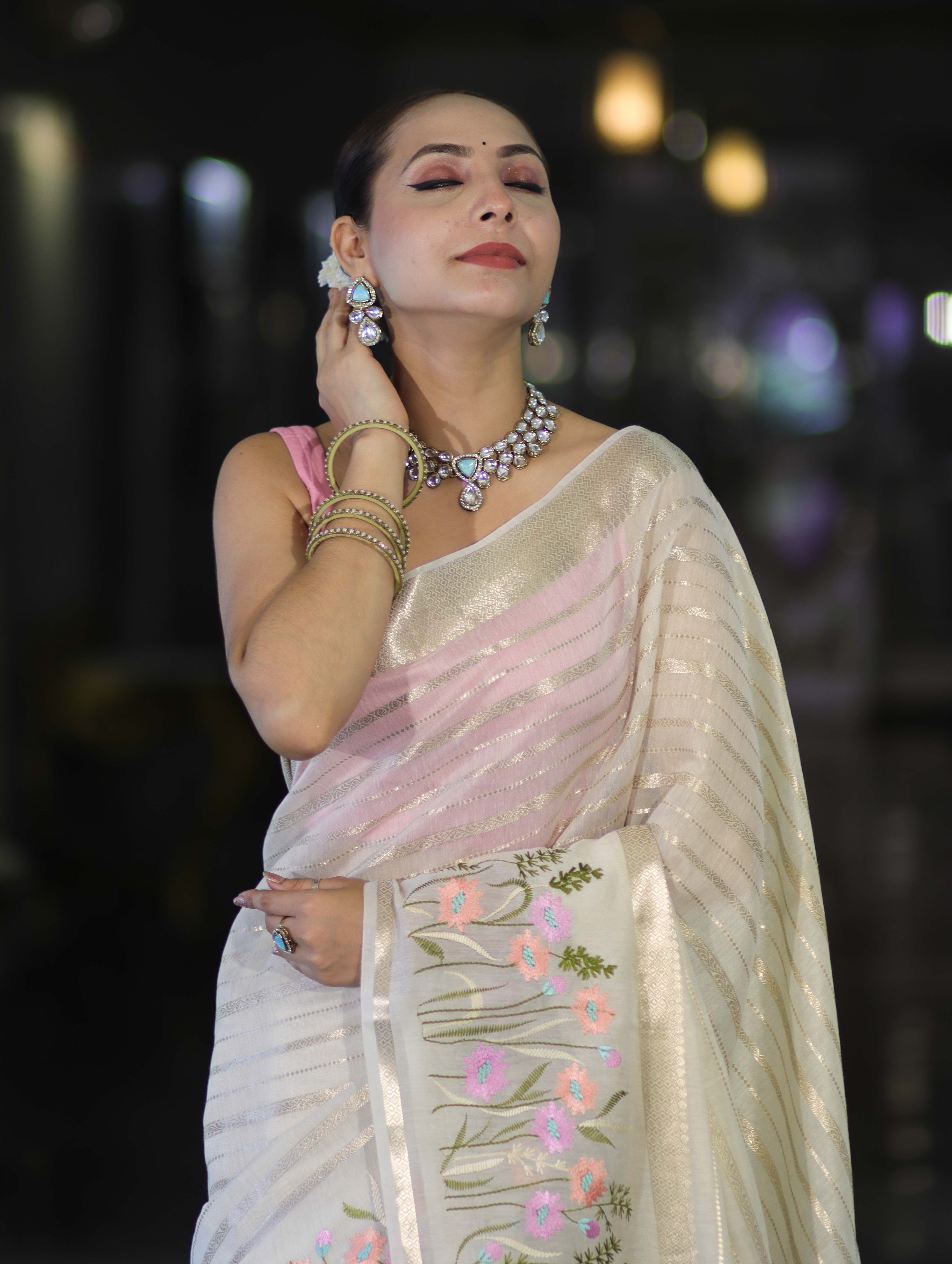 Banarasee Handloom Semi Silk Saree With Zari Stripe Pattern & Thread Floral Border-Off White