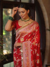 Banarasee Handwoven Semi Katan Saree With Hand Paint Zari Jaal Design & Lace-Red