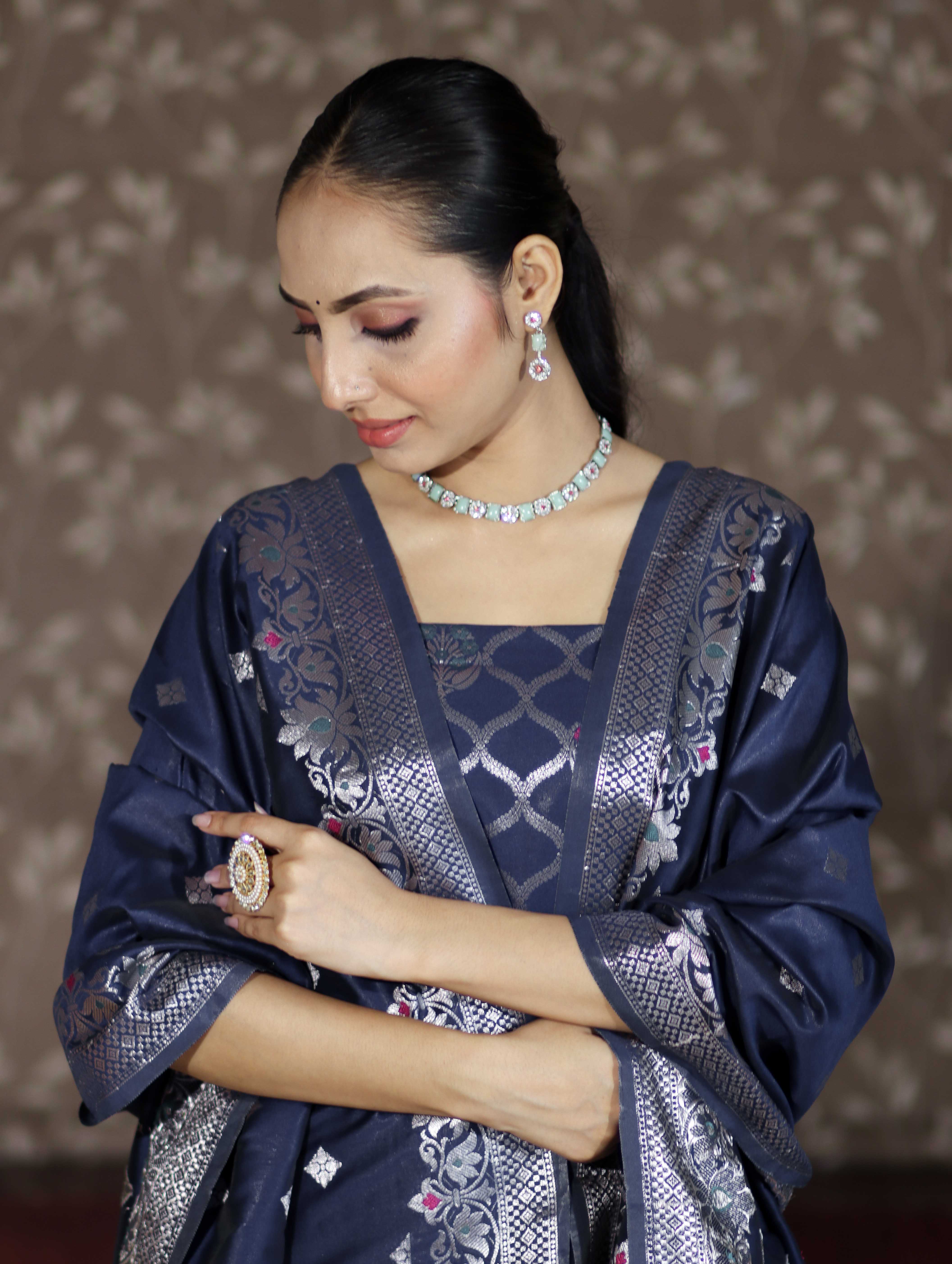 Banarasee Semi-Silk Silver Zari Work Salwar Kameez Fabric With Dupatta Set-Navy Blue
