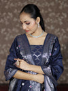 Banarasee Semi-Silk Silver Zari Work Salwar Kameez Fabric With Dupatta Set-Navy Blue
