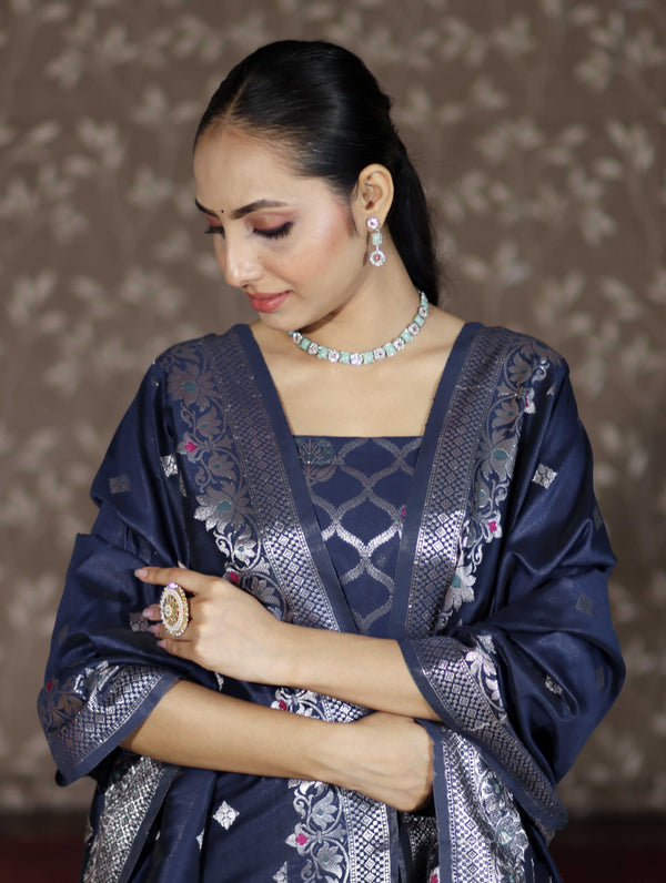 Banarasee Semi-Silk Silver Zari Work Salwar Kameez Fabric With Dupatta Set-Navy Blue