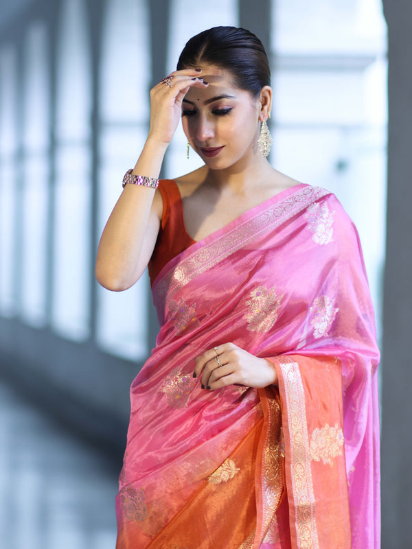 Banarasee Handloom Dual Color Dupion Silk Saree With Zari Floral Buta Design & Border-Rust & Pink