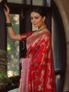 Banarasee Handwoven Semi Katan Saree With Hand Paint Zari Jaal Design & Lace-Red