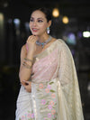 Banarasee Handloom Semi Silk Saree With Zari Stripe Pattern & Thread Floral Border-Off White