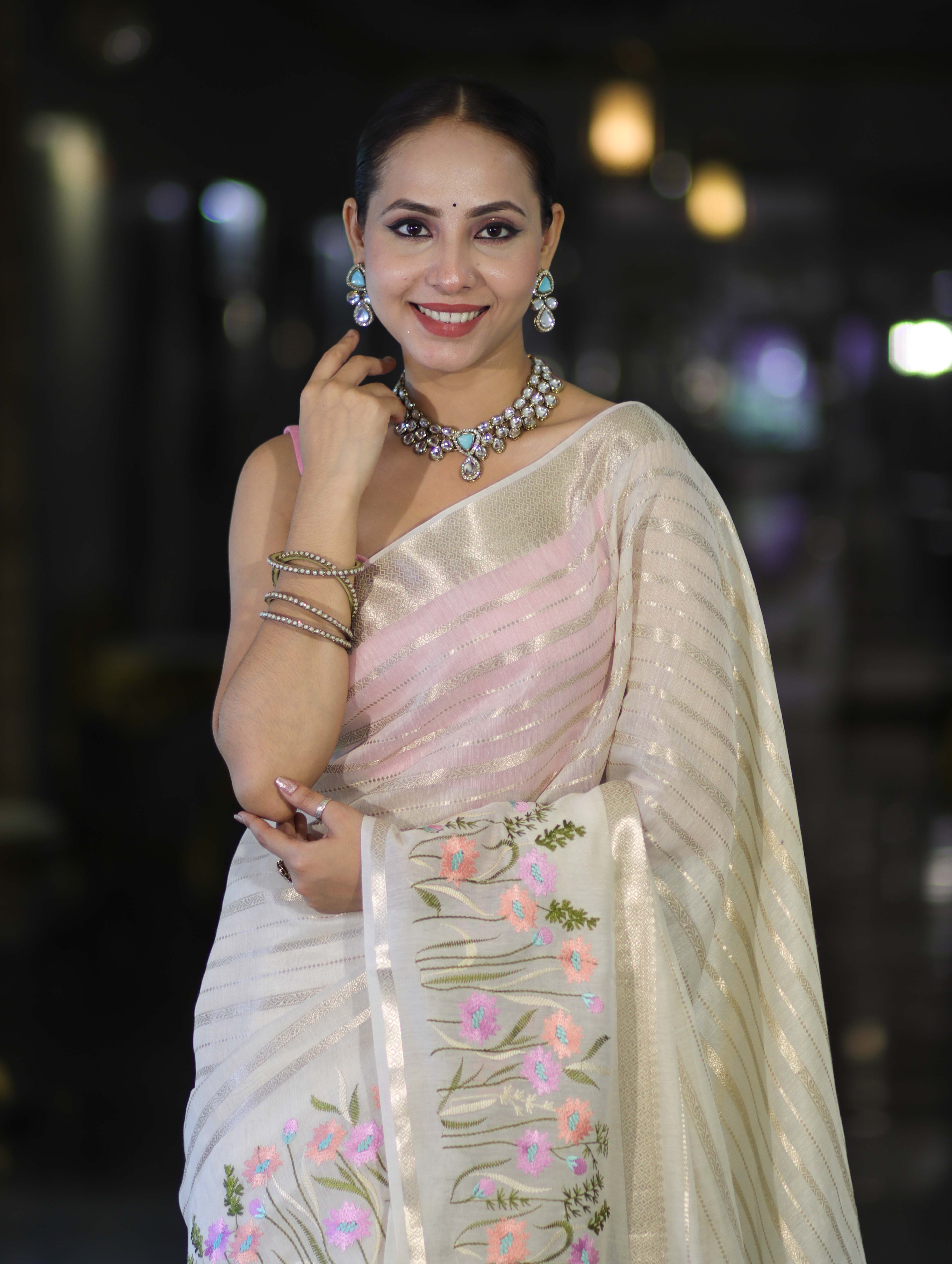 Banarasee Handloom Semi Silk Saree With Zari Stripe Pattern & Thread Floral Border-Off White