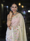 Banarasee Handloom Semi Silk Saree With Zari Stripe Pattern & Thread Floral Border-Off White