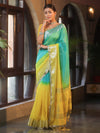 Banarasee Handwoven Semi-Chiffon Dual Color Saree With Silver Zari & Lace-Green & Yellow