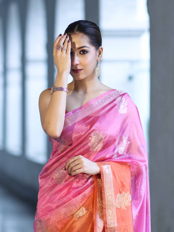Banarasee Handloom Dual Color Dupion Silk Saree With Zari Floral Buta Design & Border-Rust & Pink