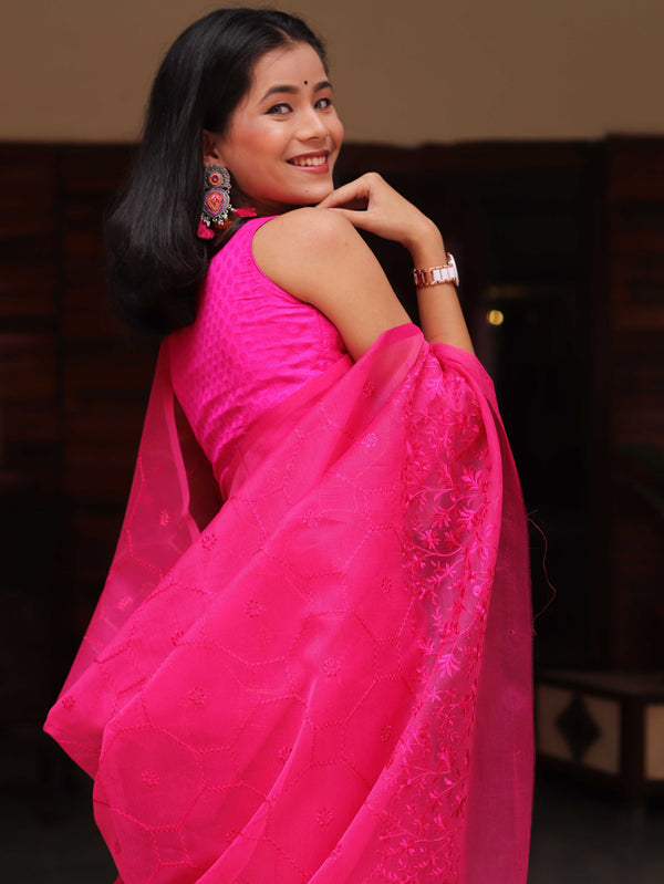 Banarasee Handwoven Super Net Embroidered Saree-Pink