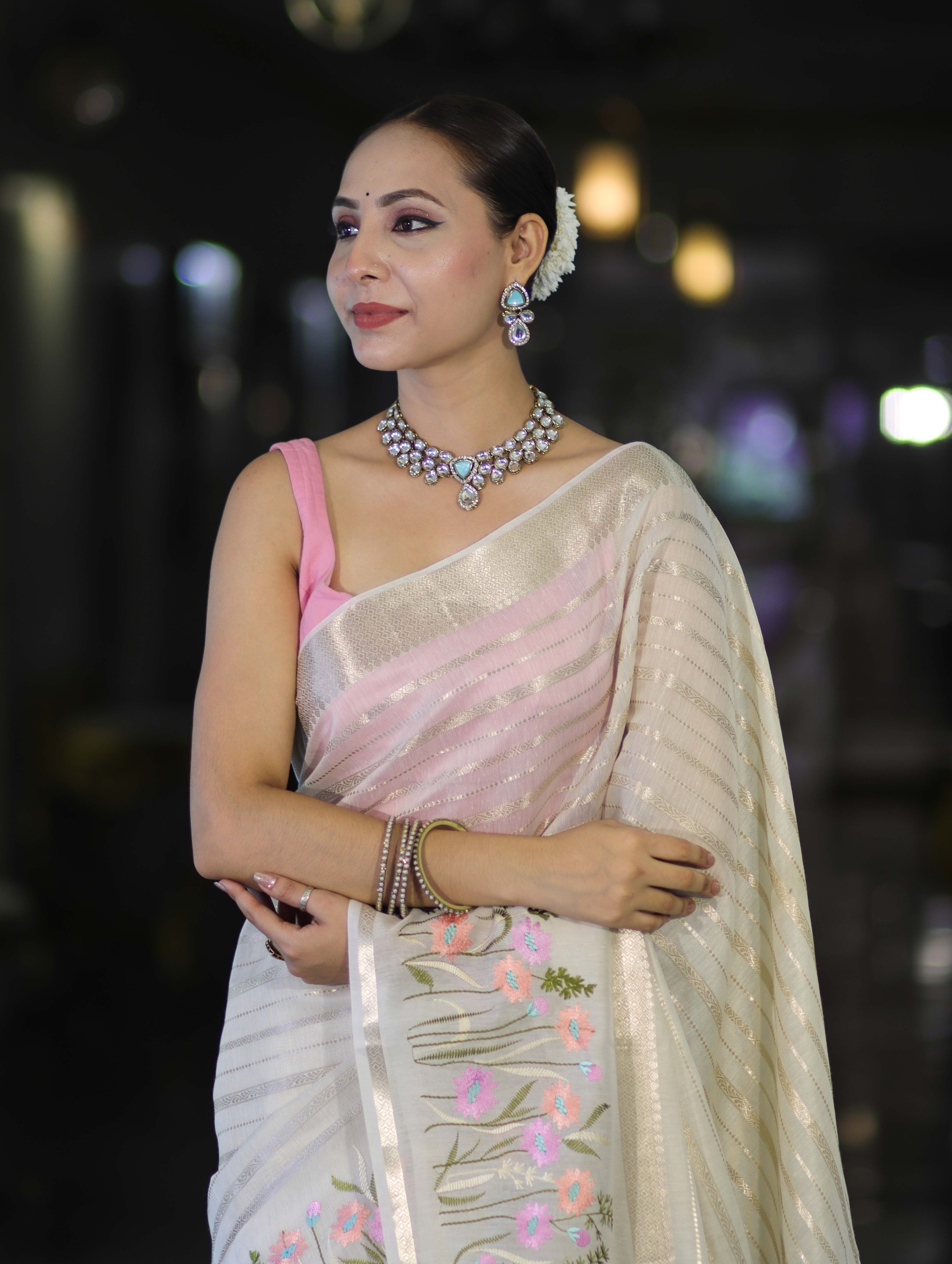 Banarasee Handloom Semi Silk Saree With Zari Stripe Pattern & Thread Floral Border-Off White