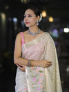 Banarasee Handloom Semi Silk Saree With Zari Stripe Pattern & Thread Floral Border-Off White