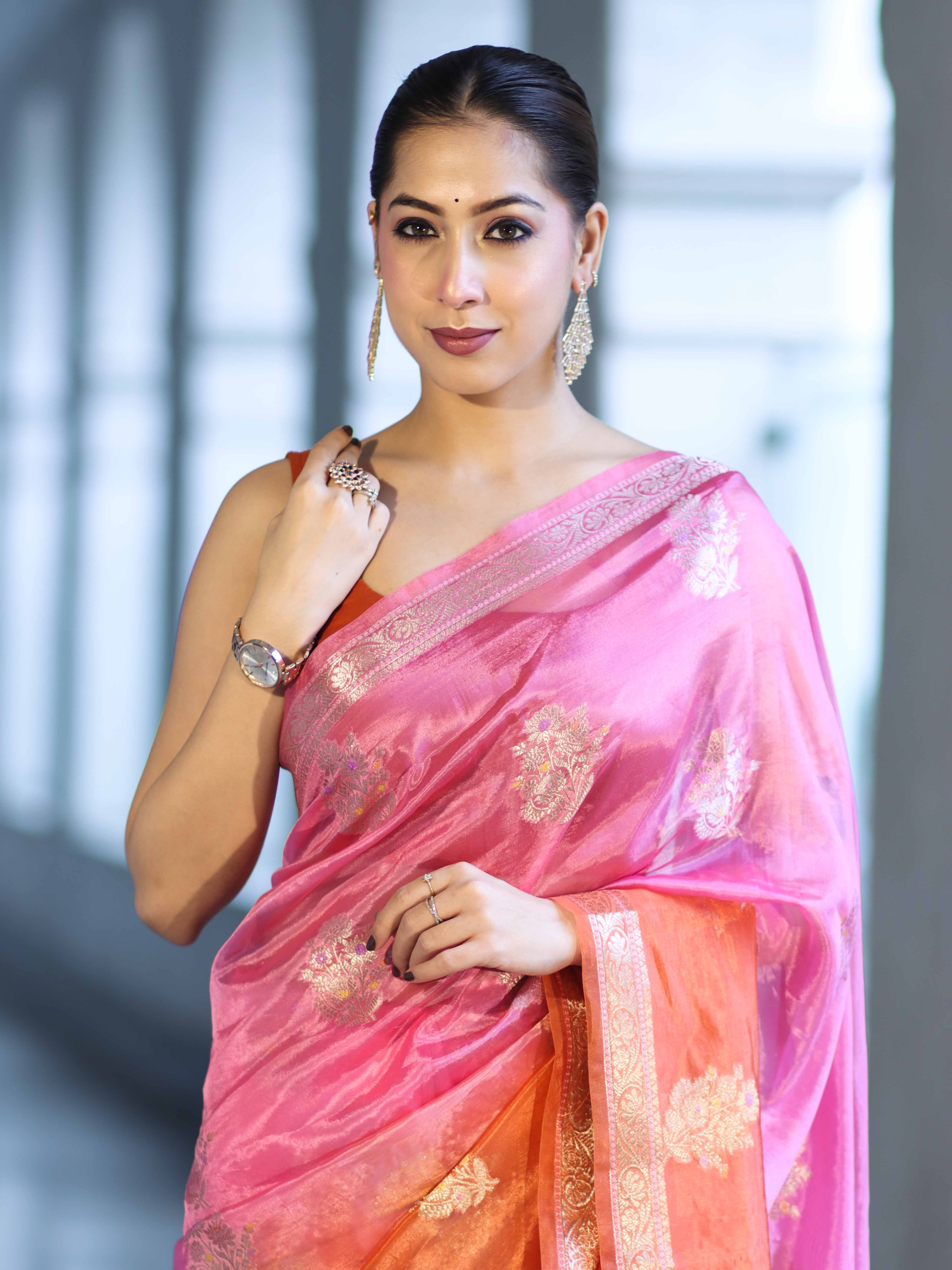 Banarasee Handloom Dual Color Dupion Silk Saree With Zari Floral Buta Design & Border-Rust & Pink