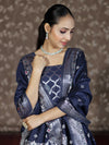Banarasee Semi-Silk Silver Zari Work Salwar Kameez Fabric With Dupatta Set-Navy Blue