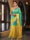 Banarasee Handwoven Semi-Chiffon Dual Color Saree With Silver Zari & Lace-Green & Yellow