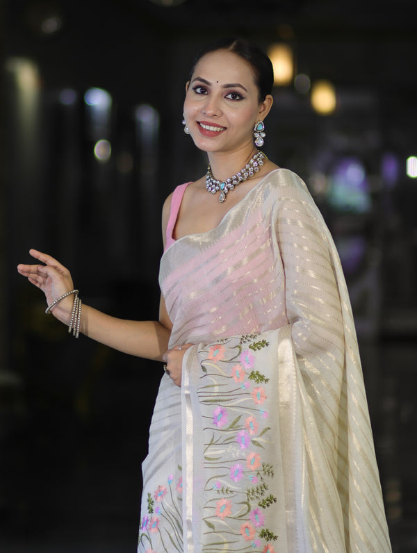 Banarasee Handloom Semi Silk Saree With Zari Stripe Pattern & Thread Floral Border-Off White