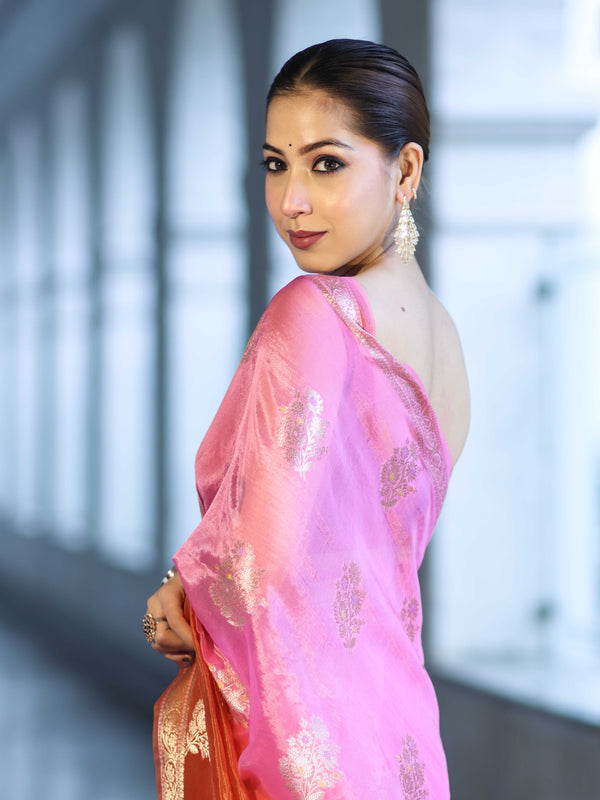Banarasee Handloom Dual Color Dupion Silk Saree With Zari Floral Buta Design & Border-Rust & Pink
