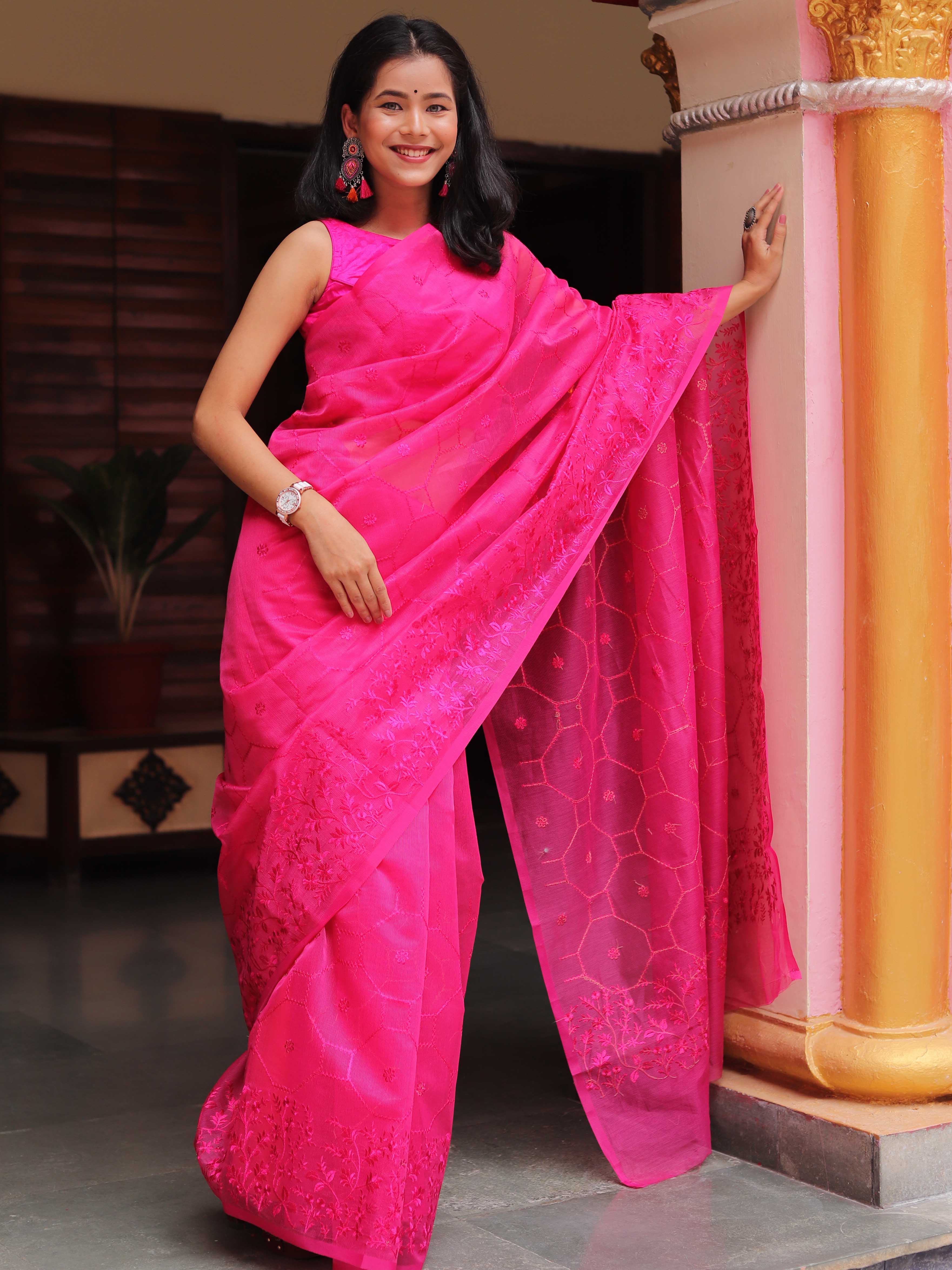 Banarasee Handwoven Super Net Embroidered Saree-Pink